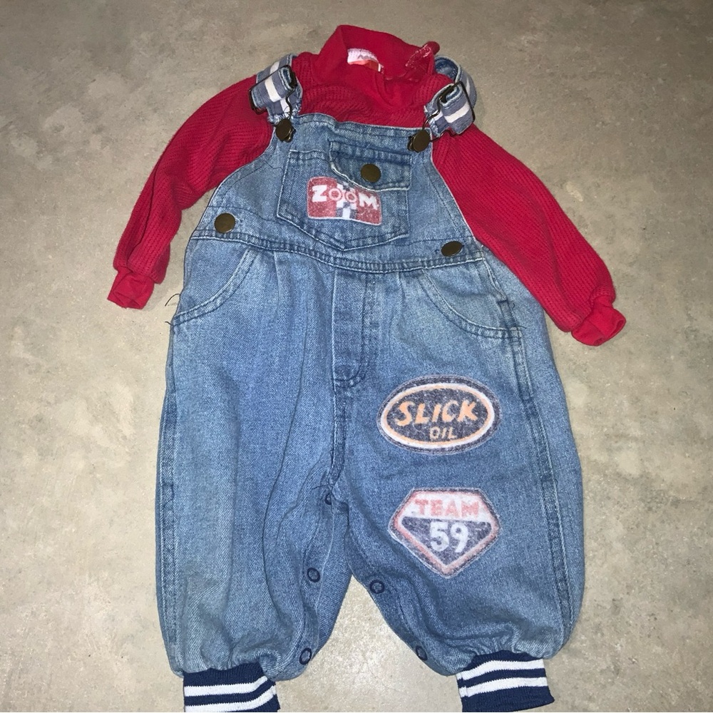 Vintage 90s Zoom Baby Denim Overalls with Patchwork Design with Red Shirt  6-9M